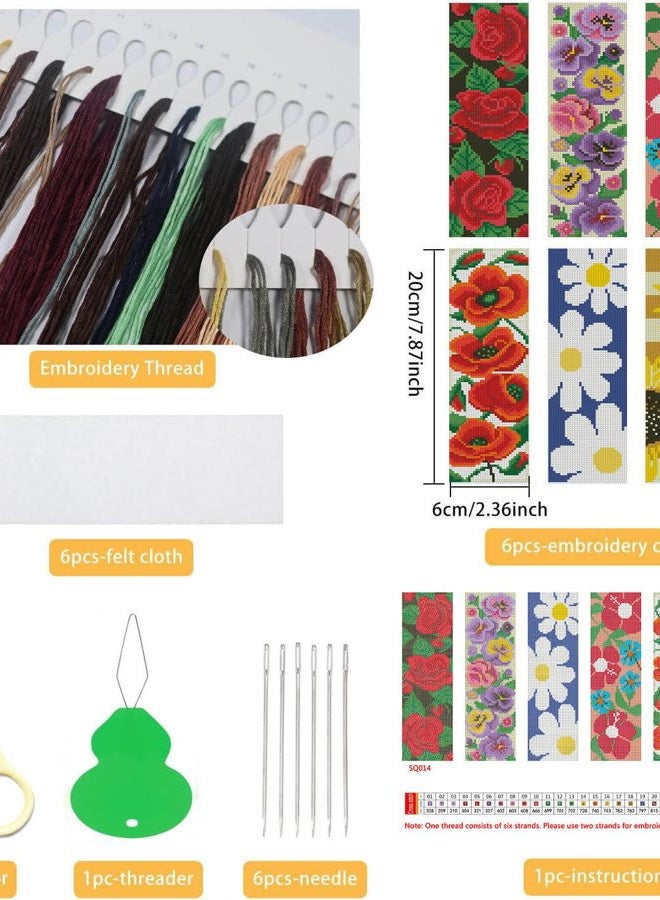NEGEKFKX 6 Pcs Flower Cross Stitch Bookmark Kit for Adult Beginners,Flowers Cross Stitch Kits 14 CT DIY Crossstitch Kits Adult Stamped Bookmark Embroidery Bookmarks Kit - Image 2