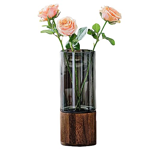 Valemoon Artistic Wood Glass Vase, 10" H, Wooden Base Cylindrical Flower Vase, Classic Boho Rustic Style for Fireplace Bedroom Kitchen Living Room Centerpieces Office Desk - Image 1