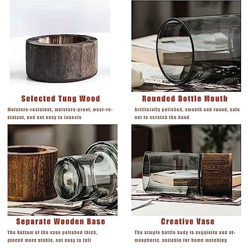 Valemoon Artistic Wood Glass Vase, 10" H, Wooden Base Cylindrical Flower Vase, Classic Boho Rustic Style for Fireplace Bedroom Kitchen Living Room Centerpieces Office Desk - Image 3