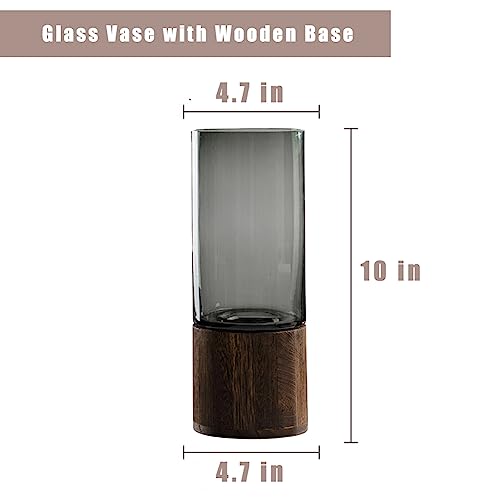 Valemoon Artistic Wood Glass Vase, 10" H, Wooden Base Cylindrical Flower Vase, Classic Boho Rustic Style for Fireplace Bedroom Kitchen Living Room Centerpieces Office Desk - Image 2