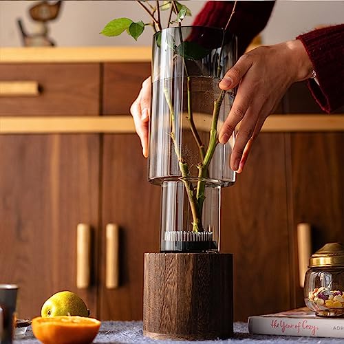 Valemoon Artistic Wood Glass Vase, 10" H, Wooden Base Cylindrical Flower Vase, Classic Boho Rustic Style for Fireplace Bedroom Kitchen Living Room Centerpieces Office Desk - Image 5