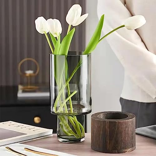 Valemoon Artistic Wood Glass Vase, 10" H, Wooden Base Cylindrical Flower Vase, Classic Boho Rustic Style for Fireplace Bedroom Kitchen Living Room Centerpieces Office Desk - Image 4