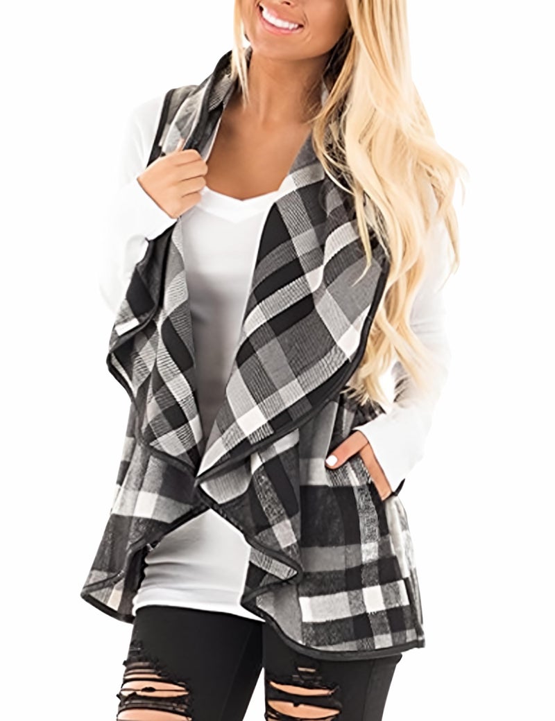 Unidear Womens Open Front Plaid Print Sleeveless Irregular Casual Cardigan Sweater Outwear Grey M - Image 1