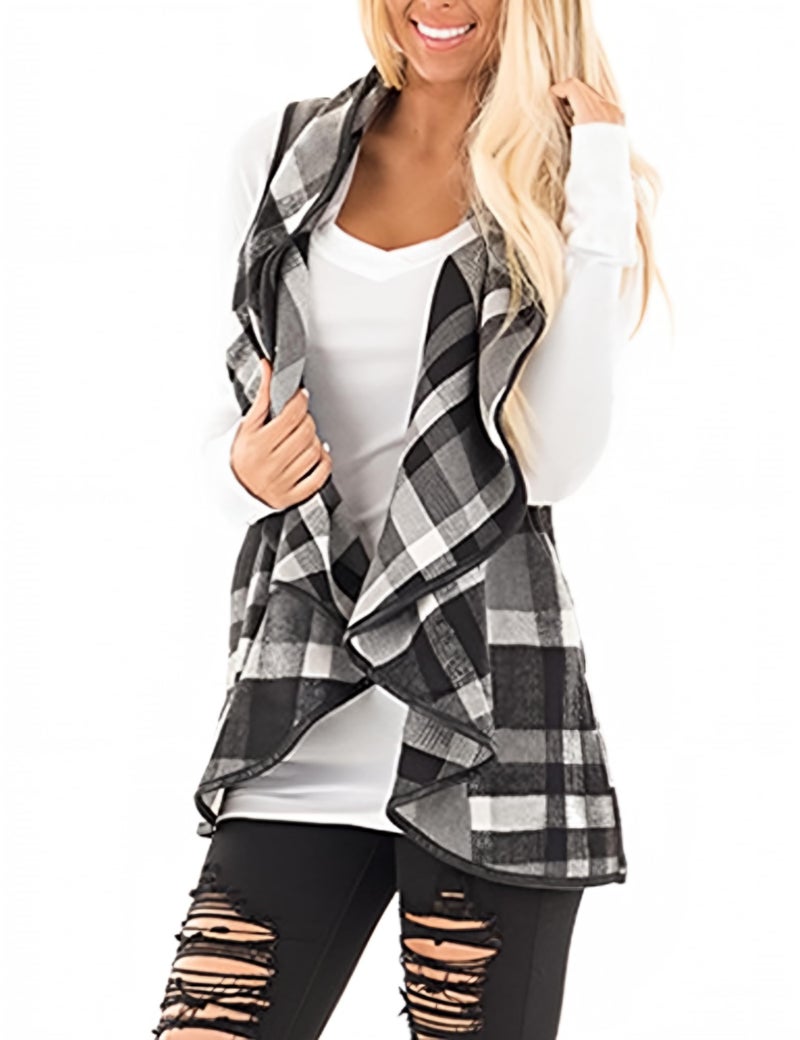 Unidear Womens Open Front Plaid Print Sleeveless Irregular Casual Cardigan Sweater Outwear Grey M - Image 2