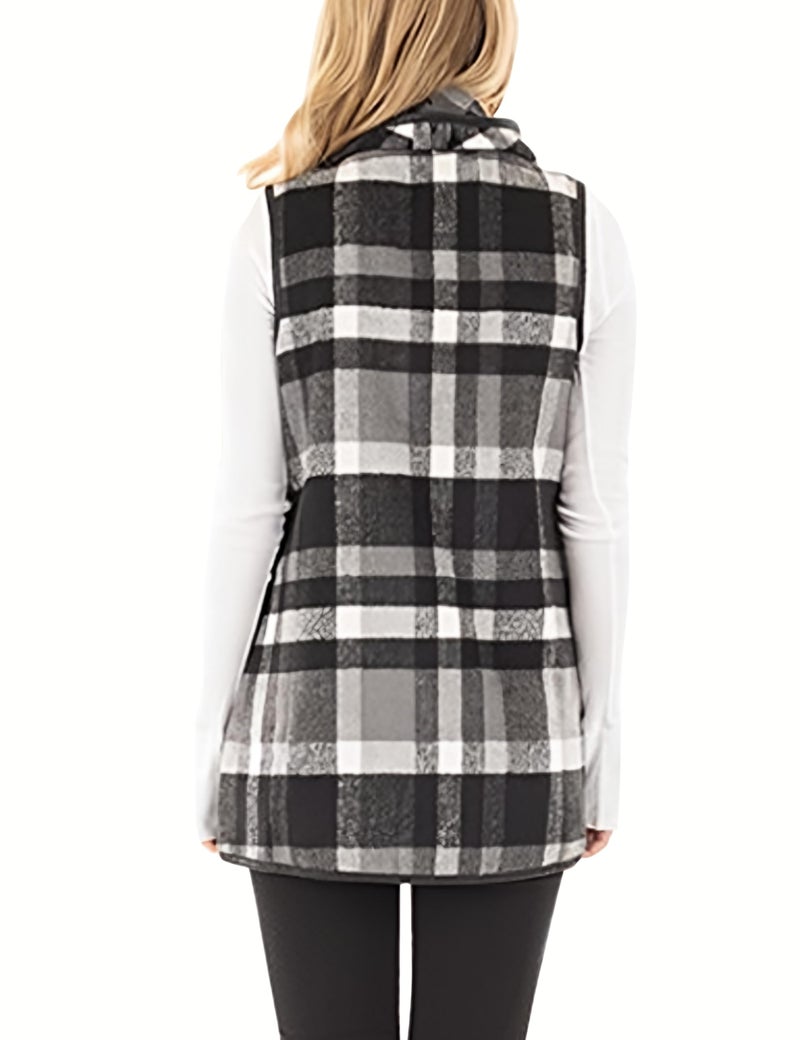 Unidear Womens Open Front Plaid Print Sleeveless Irregular Casual Cardigan Sweater Outwear Grey M - Image 4