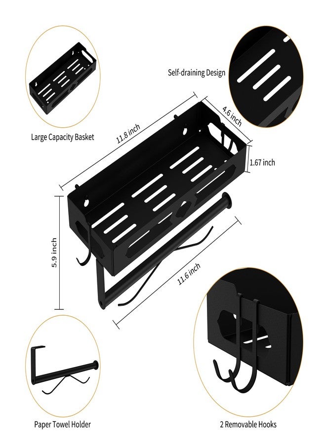 GAGUIUP Paper Towel Holder Wall Mount for Kitchen, Easy One-handed Operation Design, Self Adhesive Paper Towel Holder with Shelf for Bathroom, RV Paper Towel Rack Paper Roll Holder with 2 Hooks, Black - Image 3