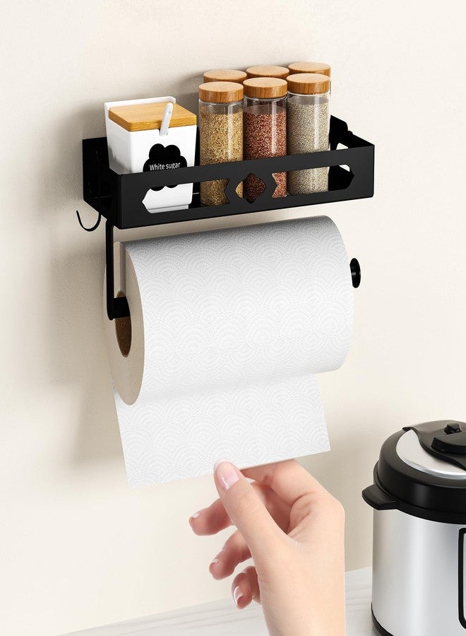 GAGUIUP Paper Towel Holder Wall Mount for Kitchen, Easy One-handed Operation Design, Self Adhesive Paper Towel Holder with Shelf for Bathroom, RV Paper Towel Rack Paper Roll Holder with 2 Hooks, Black - Image 2