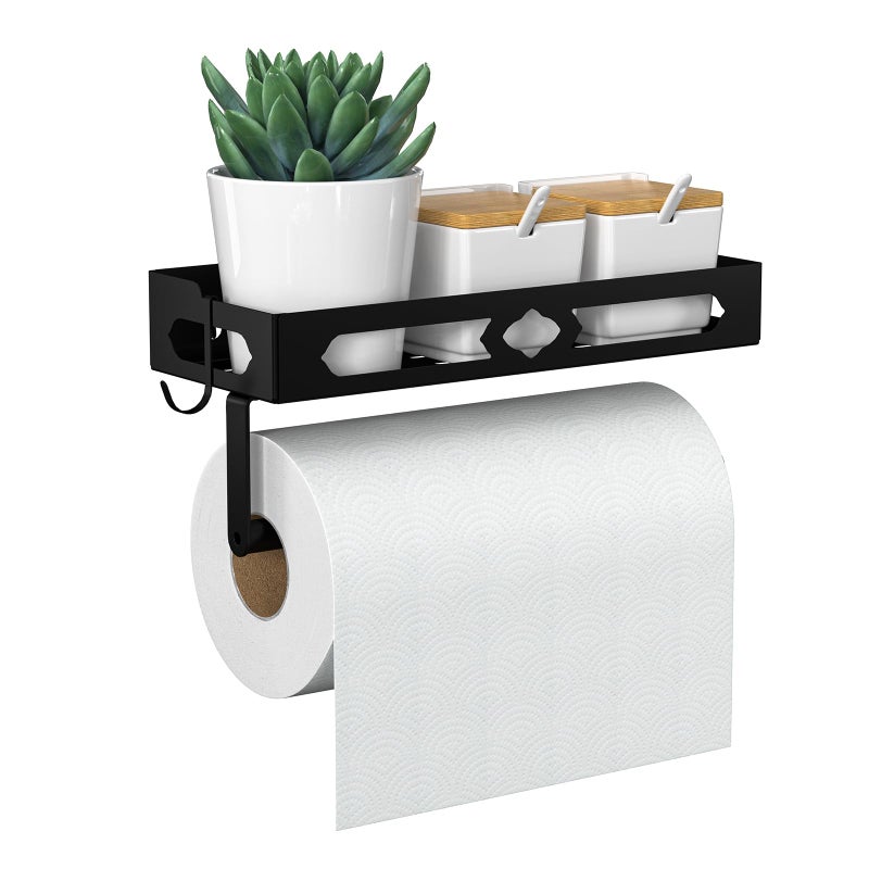 GAGUIUP Paper Towel Holder Wall Mount for Kitchen, Easy One-handed Operation Design, Self Adhesive Paper Towel Holder with Shelf for Bathroom, RV Paper Towel Rack Paper Roll Holder with 2 Hooks, Black - Image 1