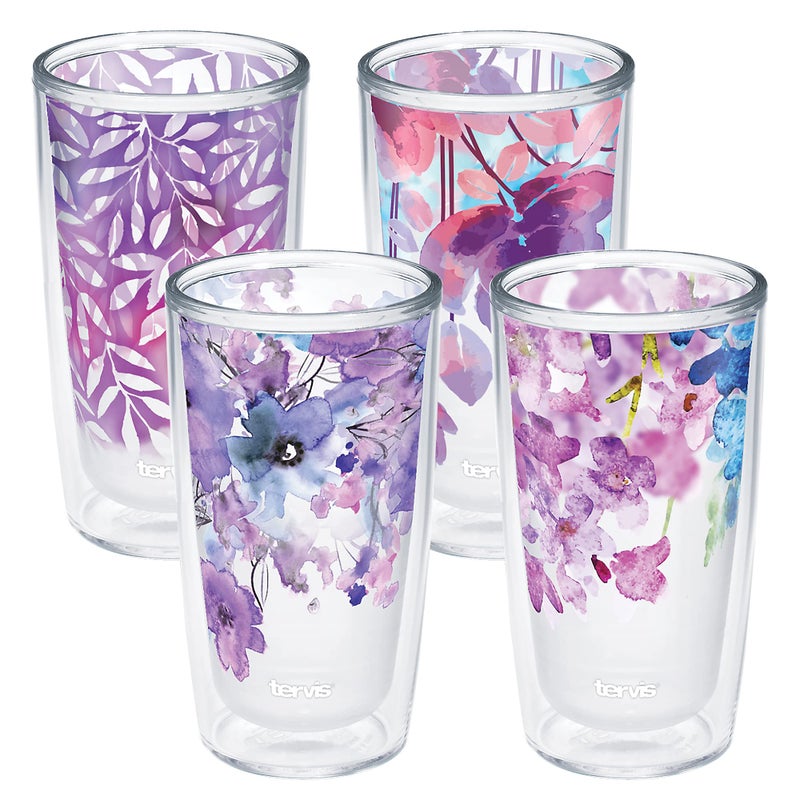 Tervis Made in USA Double Walled Watercolor Floral Purple  Crystal Insulated Tumbler Cup Keeps Drinks Cold  Hot 16oz  4pk Assorted