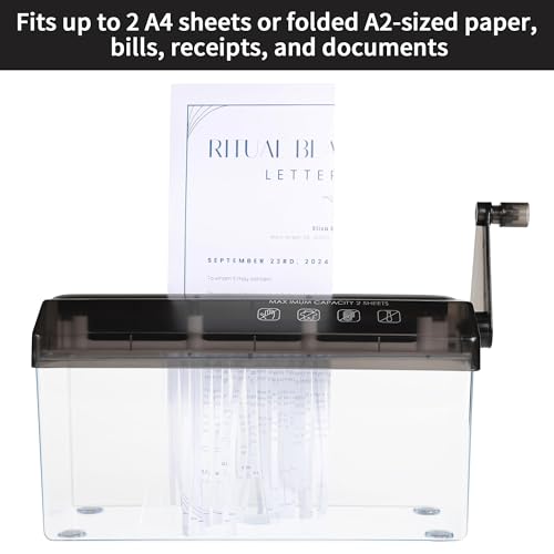 Bling Musae A4 Paper Manual Shredder - Black Portable Mini Paper Grinder Capacity 3L for A4 Files Documents Straight Cutting Tool Home Office Desktop Supplies WD23BK - Image 3