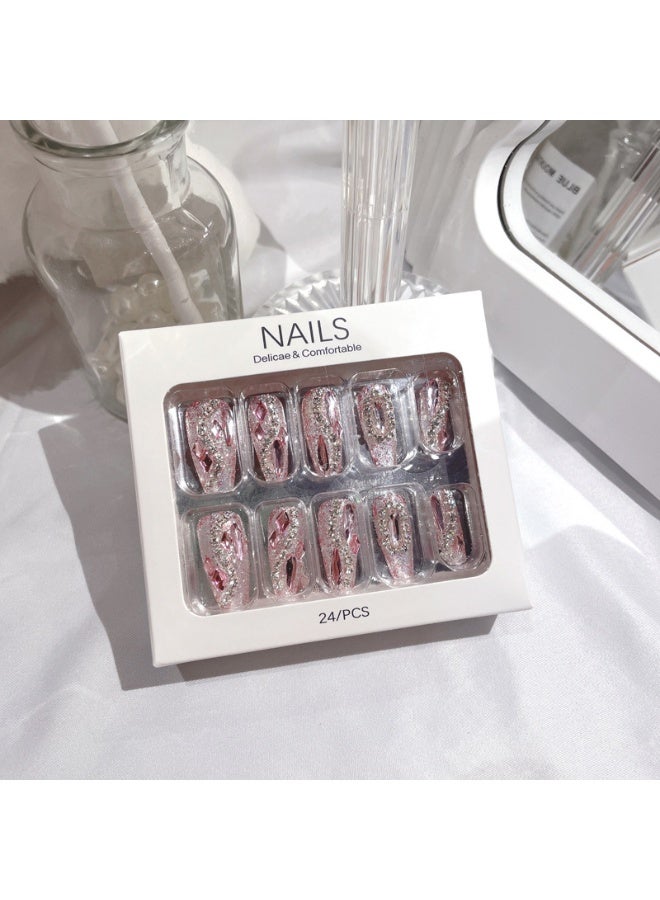 يوكانبي مجموعة 24 قطعة من أظافر تركيب طويلة بشكل التابوت باللون الوردي مزينة بالكامل بالأحجار اللامعة والسلاسل البراقة - Image 2