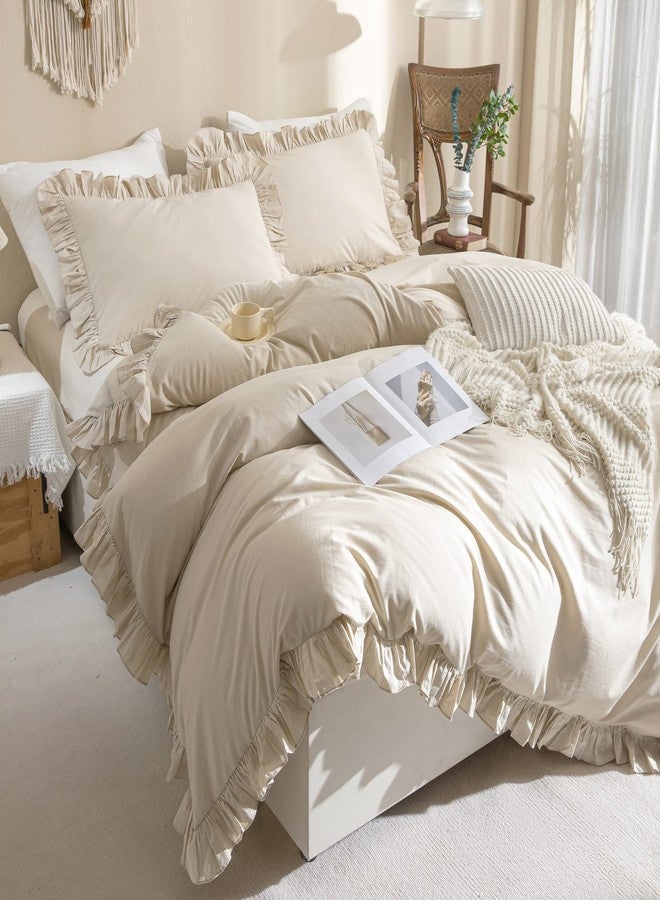QSH Washed Cotton Duvet Cover King Ruffle Duvet Cover Linen Feel Textured Farmhouse Shabby Vintage Chic Bedding Comforter Cover 3 Pieces Aesthetic Elegant King Bedding - Image 2