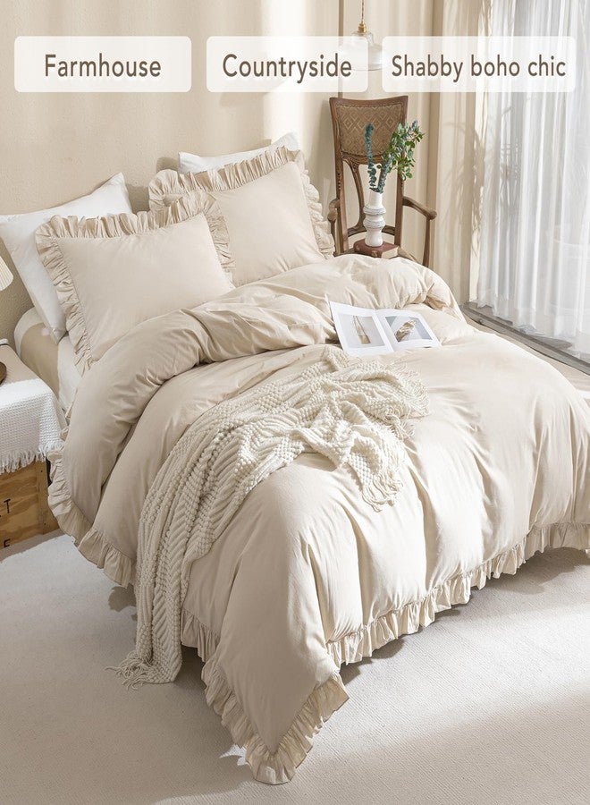 QSH Washed Cotton Duvet Cover King Ruffle Duvet Cover Linen Feel Textured Farmhouse Shabby Vintage Chic Bedding Comforter Cover 3 Pieces Aesthetic Elegant King Bedding - Image 4