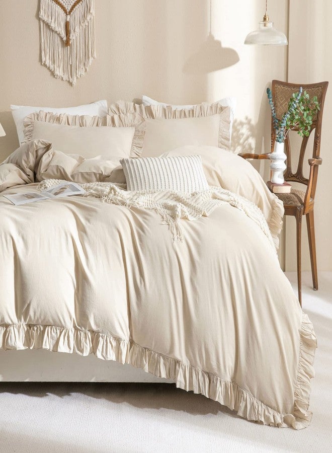 QSH Washed Cotton Duvet Cover King Ruffle Duvet Cover Linen Feel Textured Farmhouse Shabby Vintage Chic Bedding Comforter Cover 3 Pieces Aesthetic Elegant King Bedding - Image 1