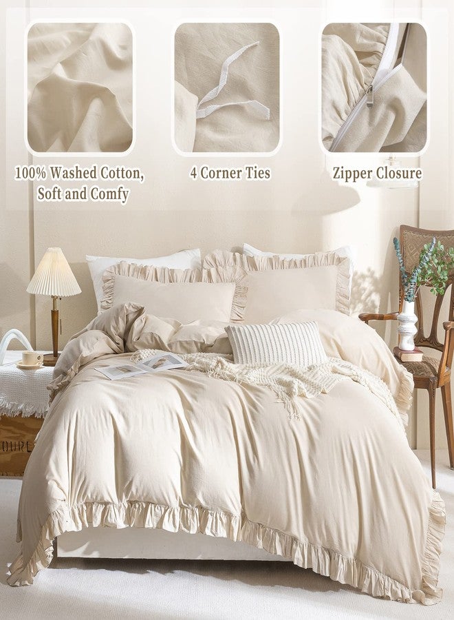QSH Washed Cotton Duvet Cover King Ruffle Duvet Cover Linen Feel Textured Farmhouse Shabby Vintage Chic Bedding Comforter Cover 3 Pieces Aesthetic Elegant King Bedding - Image 3