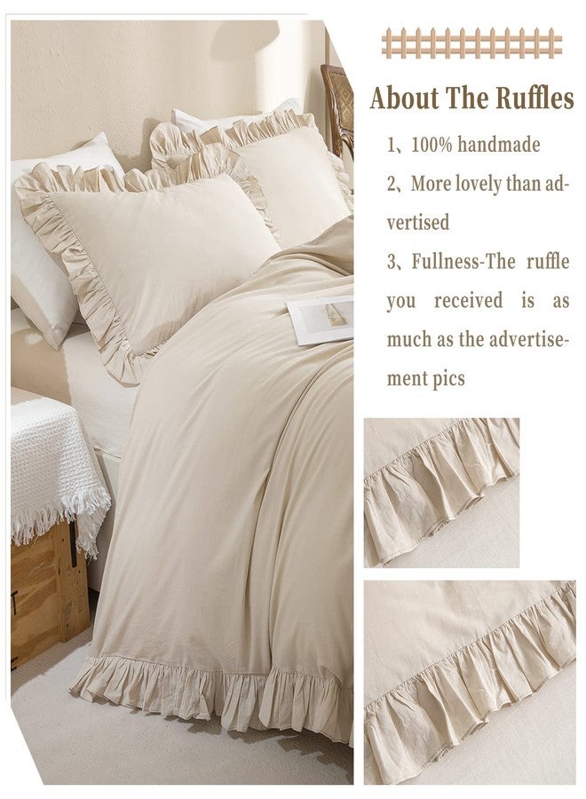 QSH Washed Cotton Duvet Cover King Ruffle Duvet Cover Linen Feel Textured Farmhouse Shabby Vintage Chic Bedding Comforter Cover 3 Pieces Aesthetic Elegant King Bedding - Image 5