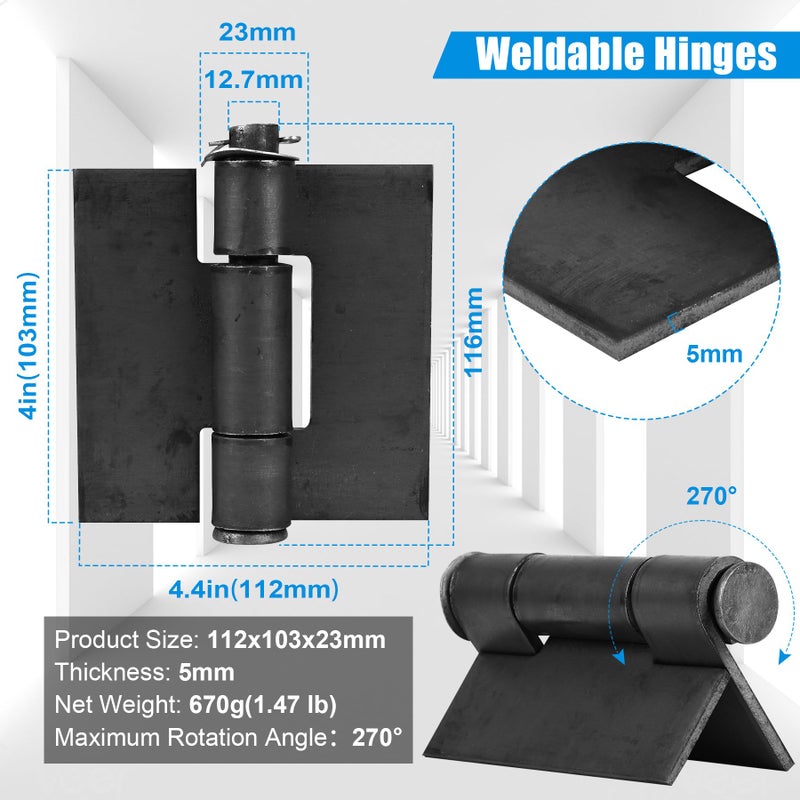 Inchoco Weld On Hinges Extra Heavy Duty 4.4" x 4" Weldable Metal Butterfly Hinges Solid Steel Welding Butt Hinge Thickness 5mm for Heavy Metal Farm Garage Trailer Gates & Doors - 4 Pcs - Image 2