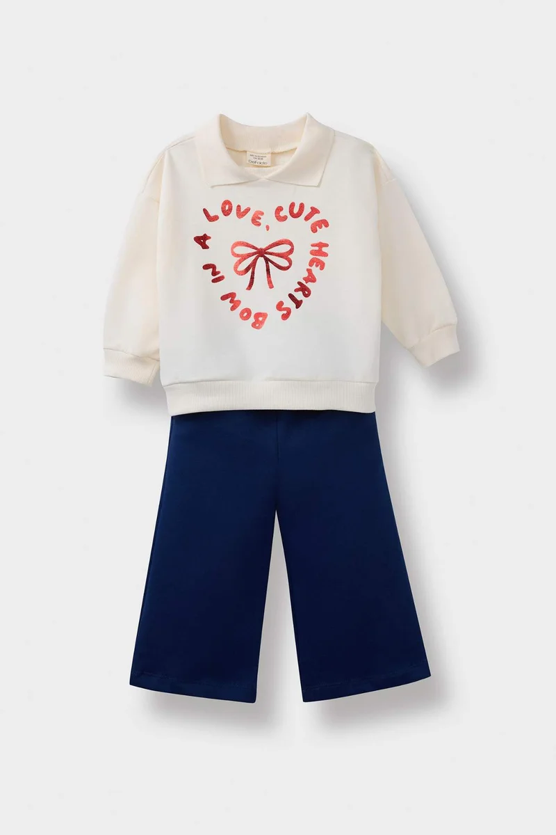 ديفاكتو Baby Girl Printed Sweatshirt Sweatpants Soft Lining 2 Piece Set