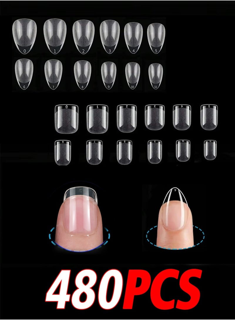 YOUGE 480Pcs Press On Nails,Short Rectangle and Short Almond Soft Gel Nail Tips - Semi-Matte Clear French Design Press-On Nails for DIY & Salon, 12 Sizes , Nail Extension, Short Almond - Image 1