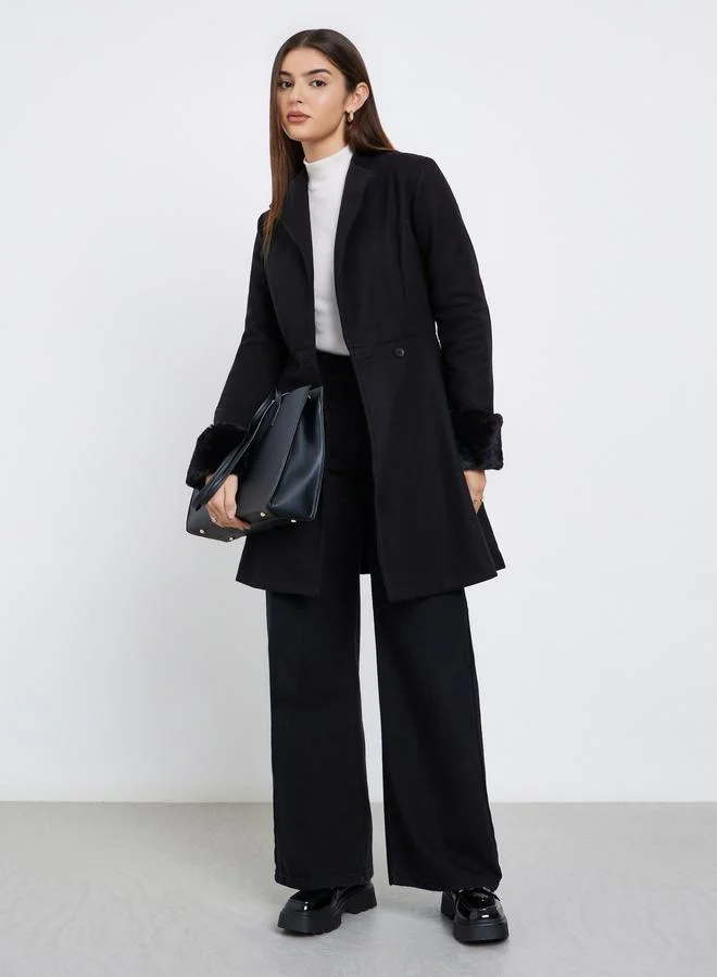 Styli Styli Black Longline Wool Like Coat with Faux Fur Detail