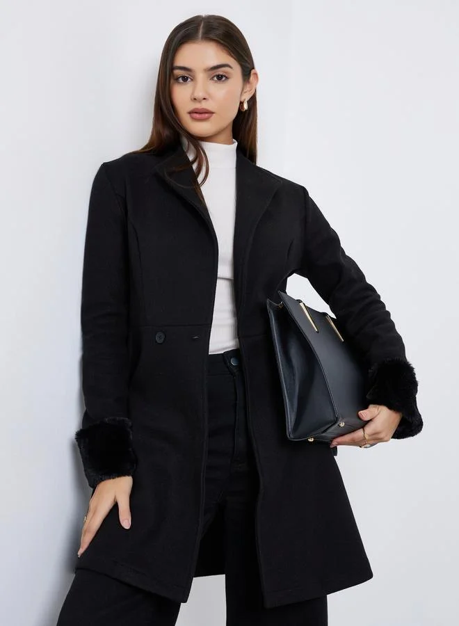 Styli Black Longline Wool Like Coat with Faux Fur Detail