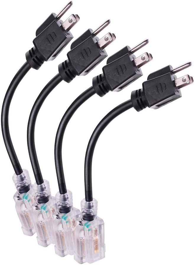 Miady Short Power Extension Cord Outlet Saver, Female Plug with Lighted End 16AWG/13A, 3 Prong (4 Pack, Black, 8 Inch) - Image 1