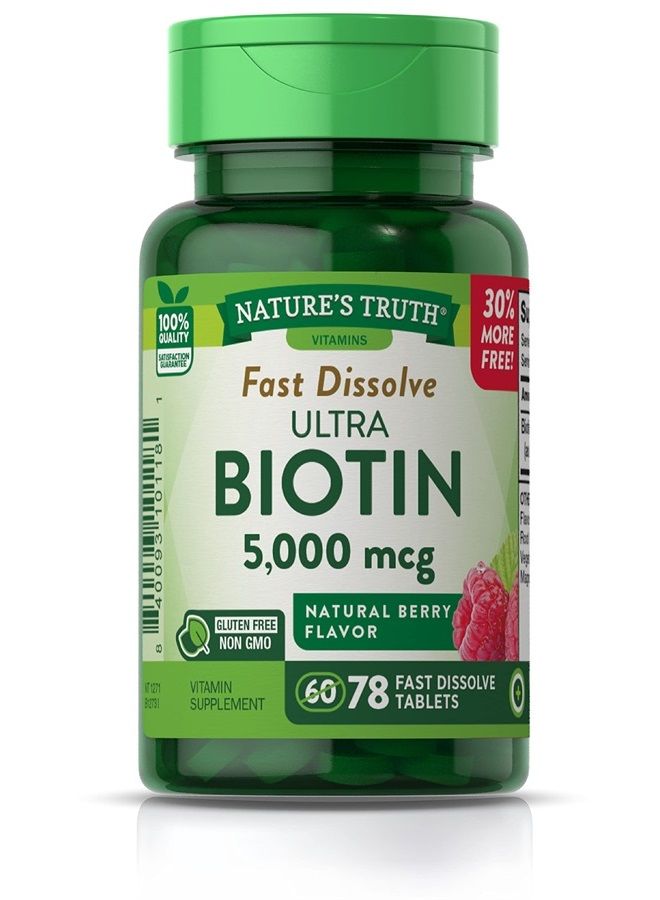 Nature's Truth Ultra Biotin 5000mcg | 78 Fast Dissolve Tablets | Hair Skin and Nails Supplement | Natural Berry Flavor | Vegetarian, Non-GMO, Gluten Free  - Image 1