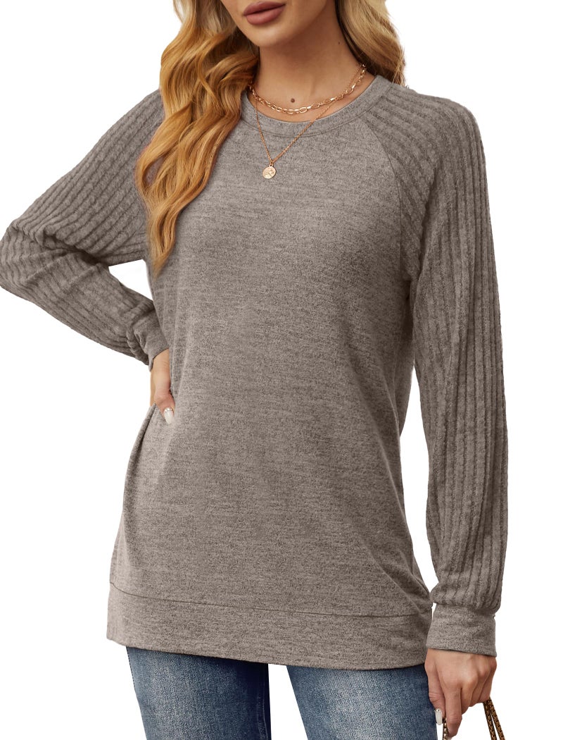 Saloogoe Long Sleeve Shirts for Women Fall Tops 2025 Trendy Ladies Tunic Sweaters Loose Fit Dressy Old Money Clothes Fall Outfits Khaki L - Image 2