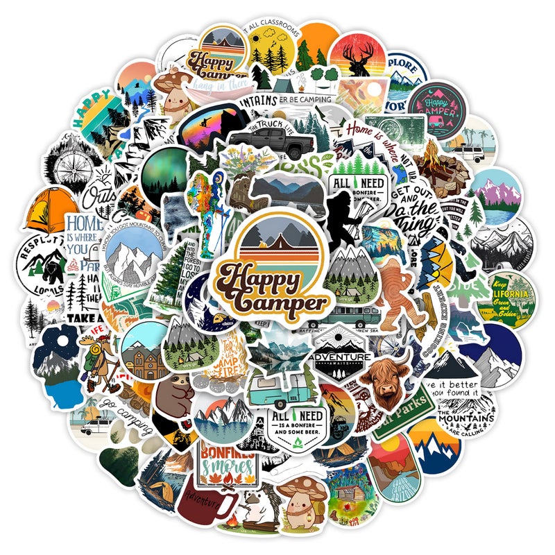 Robmoda 100 Pcs Outdoor Adventure Hiking Camping Adults Stickers for Water Bottle, Waterproof Vinyl Wilderness Nature Travel Wildlife Laptop Decals, Summer Camp Sticker for Teens Girls Boys Kids - Image 1