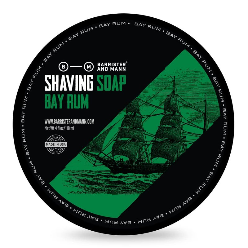Barrister and Mann Shaving Soap Luxury Dense Rich Creamy Lather Tallow Wet Shave Puck Infused Black Strap Rum West Indie Bay Sweet Orange Cinnamon Grooming Routine for Men 4 Oz Bay Rum