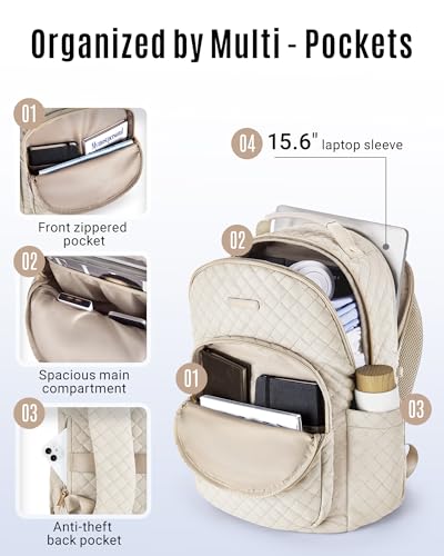 LIGHT FLIGHT Travel Laptop Backpack Women, 15.6 Inch Laptop Backpack with USB Charging Hole Water Resistant Casual Daypack Computer Backpack for Work, Beige - Image 3
