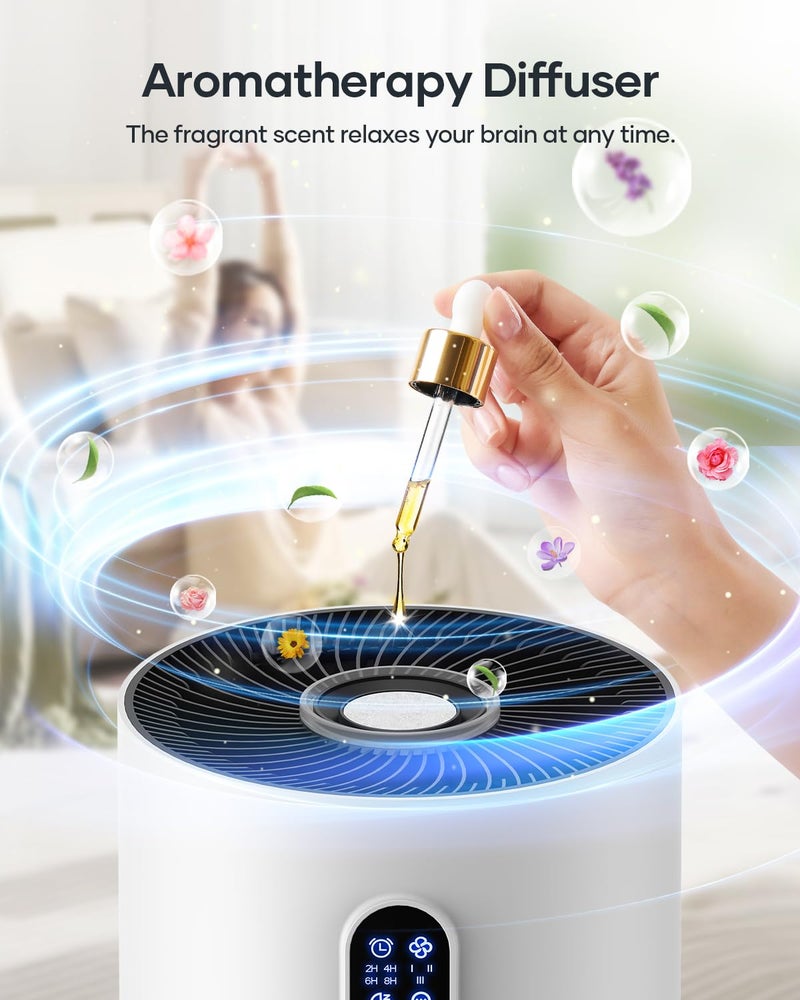 Mooka Air Purifiers for Home Large Room up to 1500 ftÂ², MOOKA HEPA Air Purifier for Home Pets Hair in Bedroom with Aromatherapy, Air Filter Cleaner for Dorm, Pets, Office, 20dB, Night Light, B-D03, White - Image 4