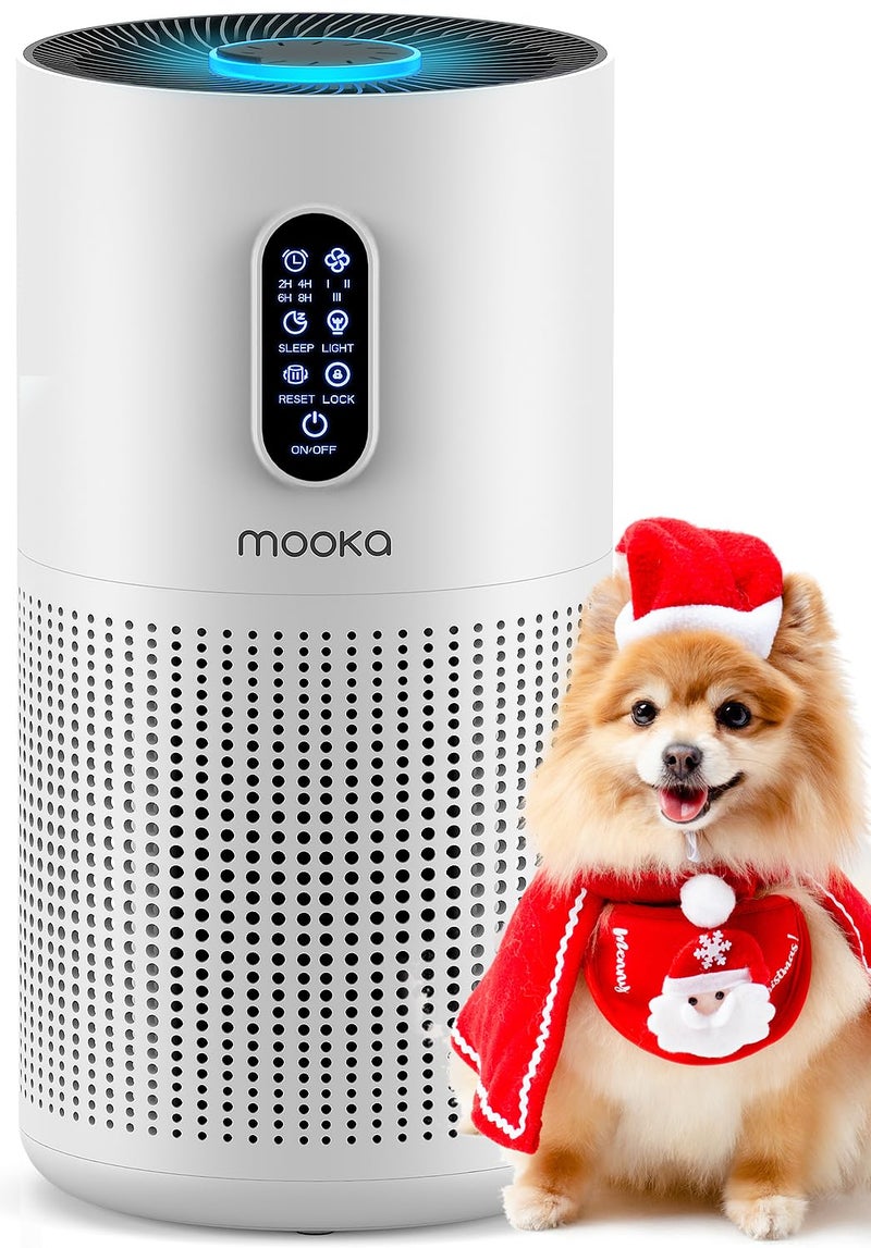 Mooka Air Purifiers for Home Large Room up to 1500 ftÂ², MOOKA HEPA Air Purifier for Home Pets Hair in Bedroom with Aromatherapy, Air Filter Cleaner for Dorm, Pets, Office, 20dB, Night Light, B-D03, White - Image 1