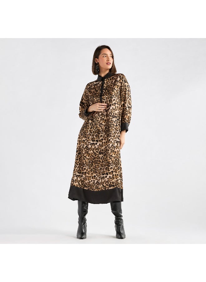 FAV - Animal Print Midi Shirt Dress with Long Sleeves - Image 1