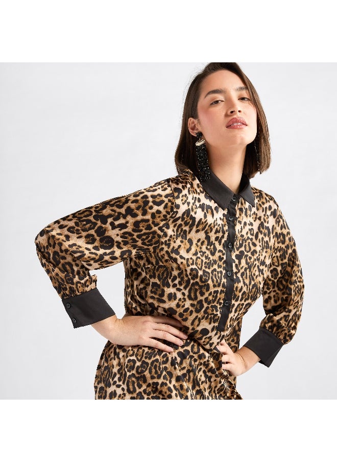FAV - Animal Print Midi Shirt Dress with Long Sleeves - Image 1