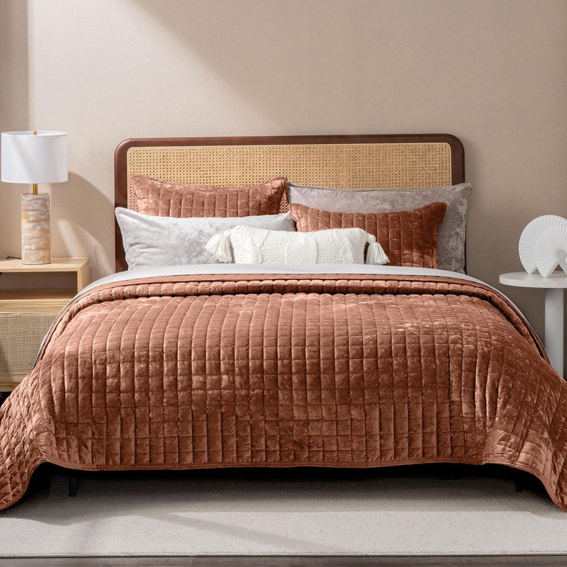 RECYCO Luxury Velvet Quilt Set Full Queen Size Bedding Sets, Ultra Soft Velvet Comforter Set, Lightweight Channel Box Stitch Oversized Bedspread Coverlet for All Season, with 2 Shams, Terracotta Fawn - Image 3