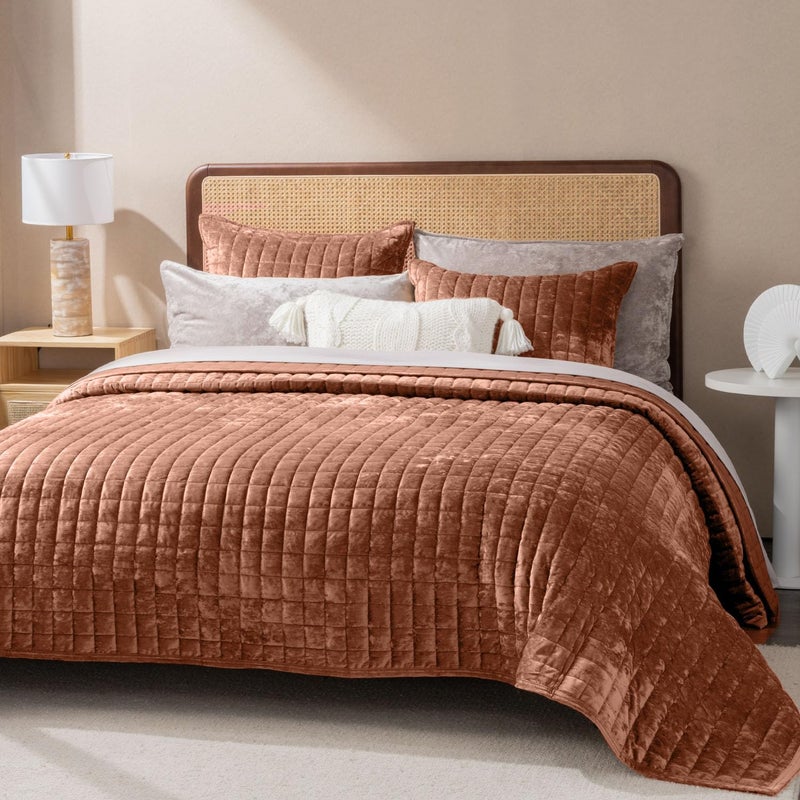 RECYCO Luxury Velvet Quilt Set Full Queen Size Bedding Sets, Ultra Soft Velvet Comforter Set, Lightweight Channel Box Stitch Oversized Bedspread Coverlet for All Season, with 2 Shams, Terracotta Fawn - Image 1