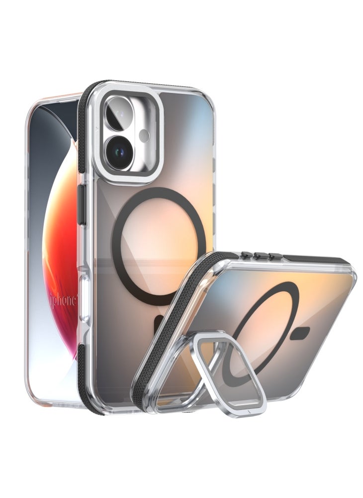 For iPhone 17 Magnetic Case TPU Acrylic Phone Back Cover with Lens Film and Kickstand - Black - Image 1