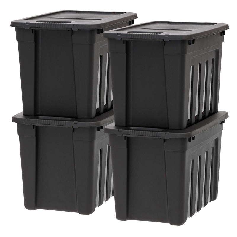 IRIS USA 20 Gallon Heavy Duty Storage Totes with EasyGrip Handles 4 Pack  Large Bins with Lids Garage Organizing Tubs Durable Stackable Utility Containers Made in USA  Black