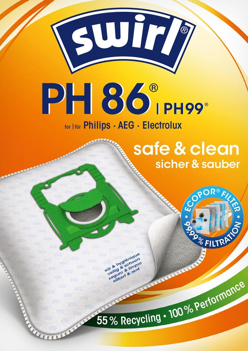 Swirl PH 86 AirSpace Vacuum Cleaner Bags for Philips AEG Vacuum Cleaners Highly Absorbent Lockable Plate 10 bags  2 filters