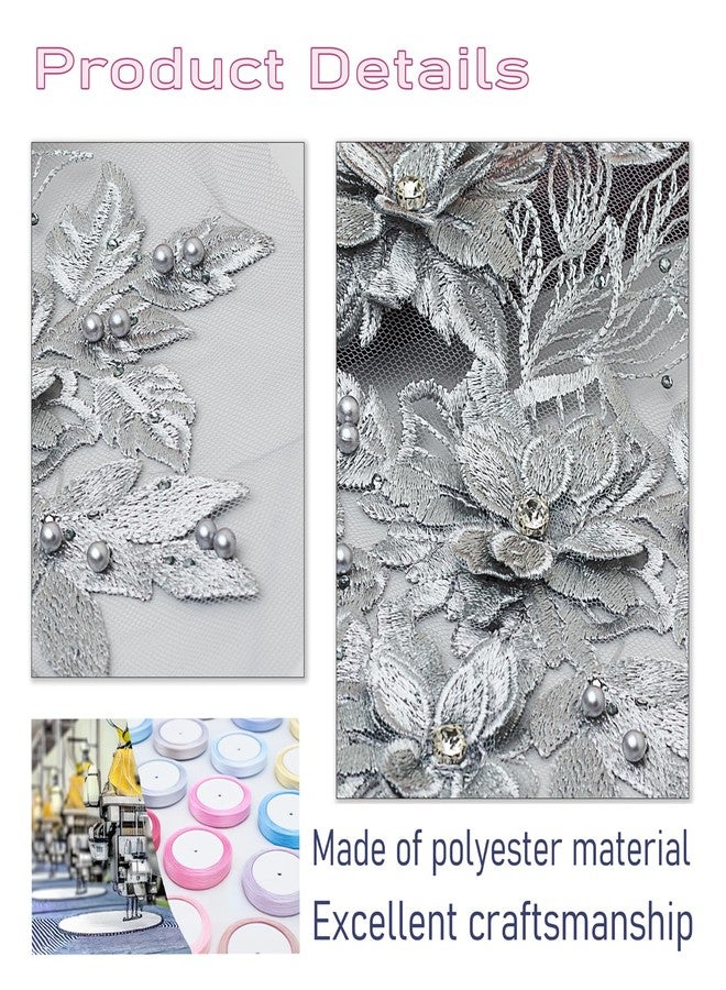 Silvora 3D Embroidered Flower Fabric Beaded Rhinestones Pearl Lace Applique, DIY Patches Accessory for Wedding Dresses，Neckline Bodice Pants(Silver-Left) - Image 5