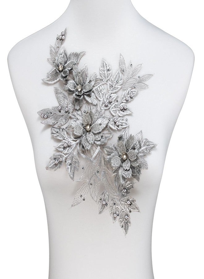 Silvora 3D Embroidered Flower Fabric Beaded Rhinestones Pearl Lace Applique, DIY Patches Accessory for Wedding Dresses，Neckline Bodice Pants(Silver-Left) - Image 1