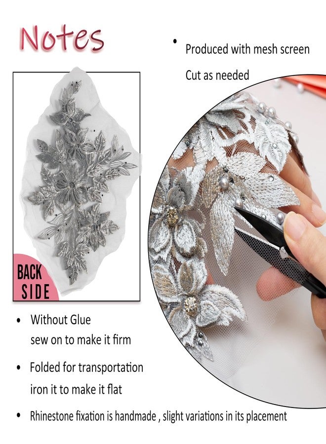 Silvora 3D Embroidered Flower Fabric Beaded Rhinestones Pearl Lace Applique, DIY Patches Accessory for Wedding Dresses，Neckline Bodice Pants(Silver-Left) - Image 4