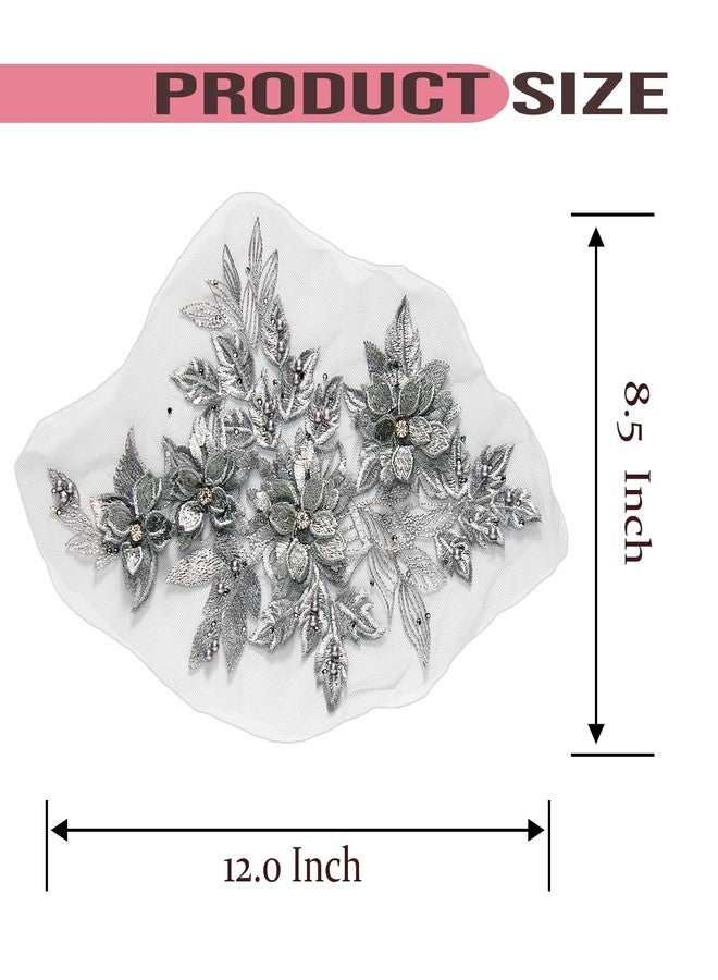 Silvora 3D Embroidered Flower Fabric Beaded Rhinestones Pearl Lace Applique, DIY Patches Accessory for Wedding Dresses，Neckline Bodice Pants(Silver-Left) - Image 2