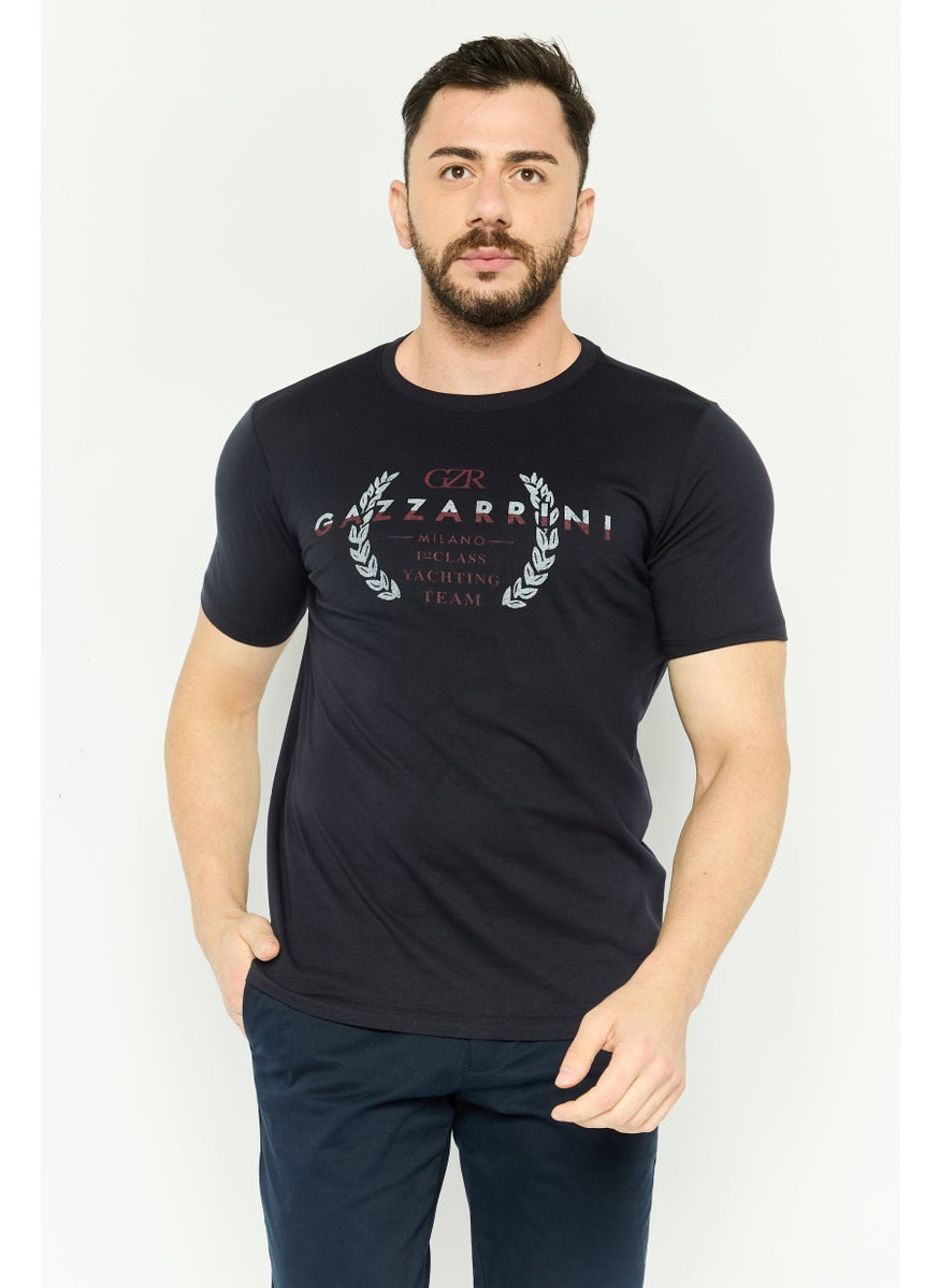 Gazzarrini Men Crew Neck Short Sleeves Graphic Print T-Shirt, Navy Blue  - Image 1