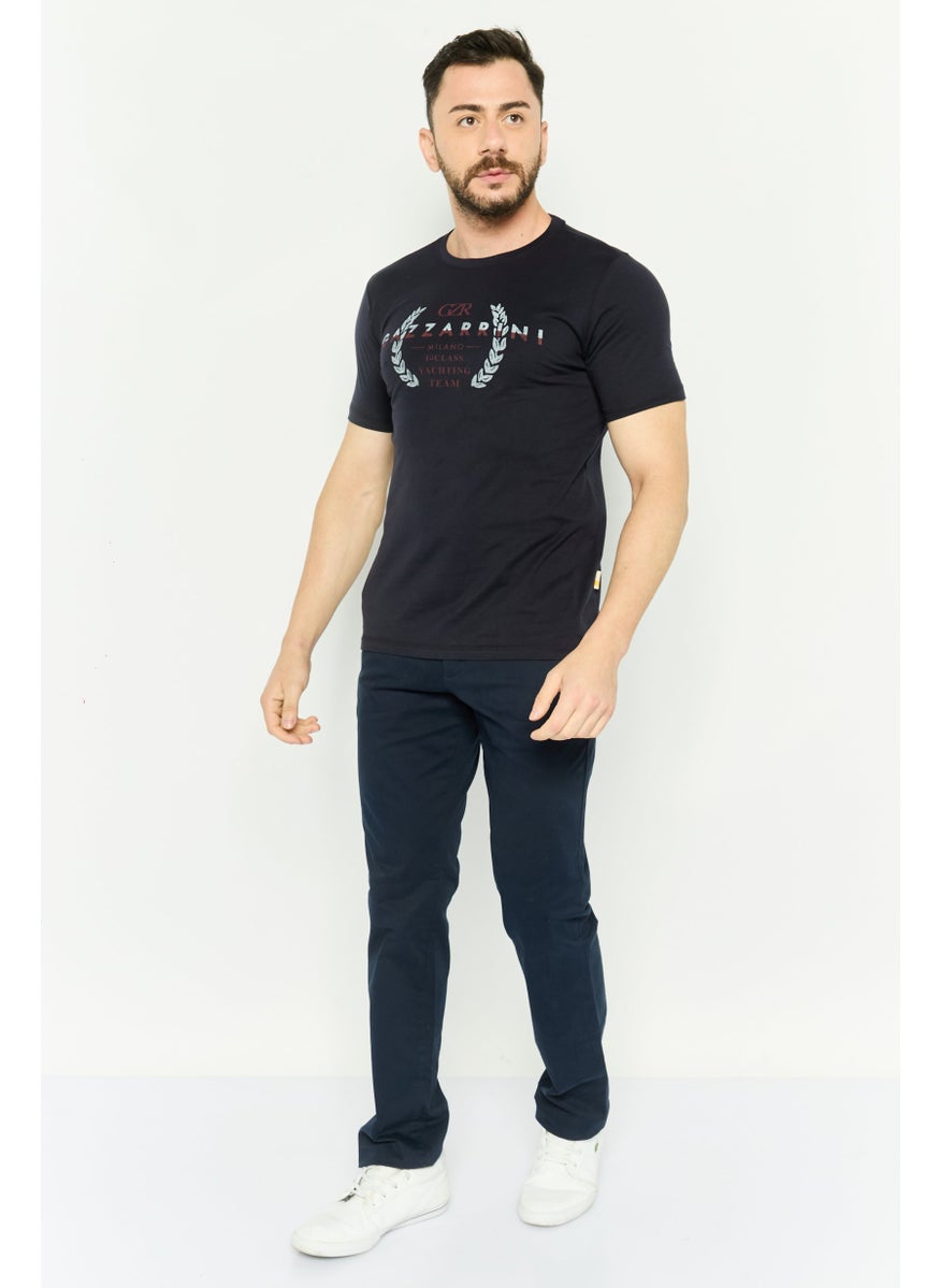 Gazzarrini Men Crew Neck Short Sleeves Graphic Print T-Shirt, Navy Blue  - Image 2