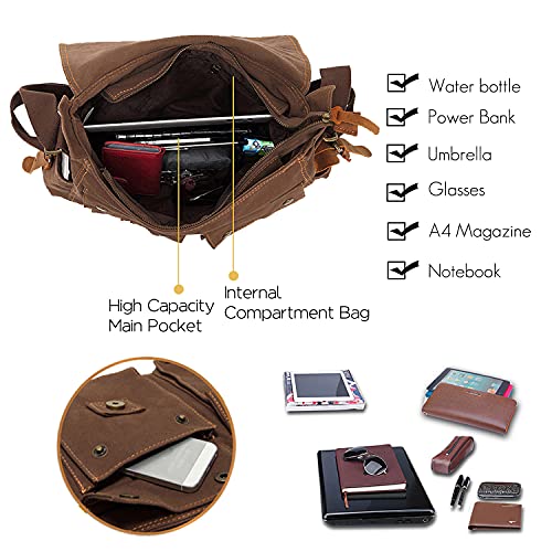 FANDARE Unisex Messenger Bag Canvas Satchel Bag Outdoor Travel Bookbag Commute Work Shoulder Bag 14 inch Laptop Crossbody Bag for Men/Women ArmyGreen - Image 5