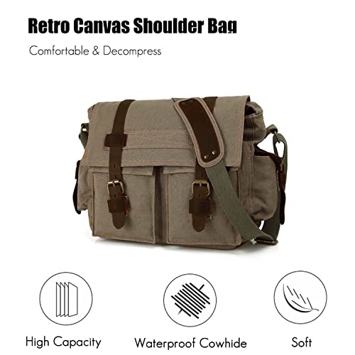 FANDARE Unisex Messenger Bag Canvas Satchel Bag Outdoor Travel Bookbag Commute Work Shoulder Bag 14 inch Laptop Crossbody Bag for Men/Women ArmyGreen - Image 4