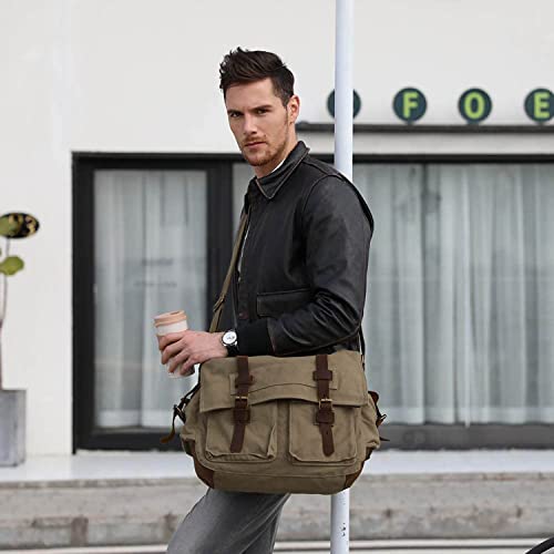 FANDARE Unisex Messenger Bag Canvas Satchel Bag Outdoor Travel Bookbag Commute Work Shoulder Bag 14 inch Laptop Crossbody Bag for Men/Women ArmyGreen - Image 2