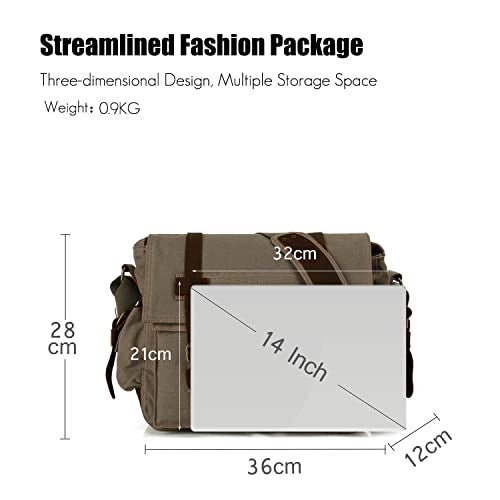 FANDARE Unisex Messenger Bag Canvas Satchel Bag Outdoor Travel Bookbag Commute Work Shoulder Bag 14 inch Laptop Crossbody Bag for Men/Women ArmyGreen - Image 3